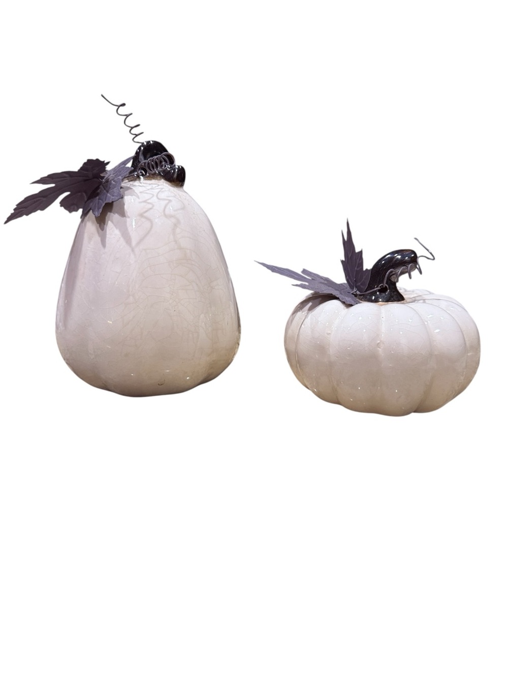 Elegant White Ceramic Pumpkin Set with Dark Stem Metal Leaves Fall Decor